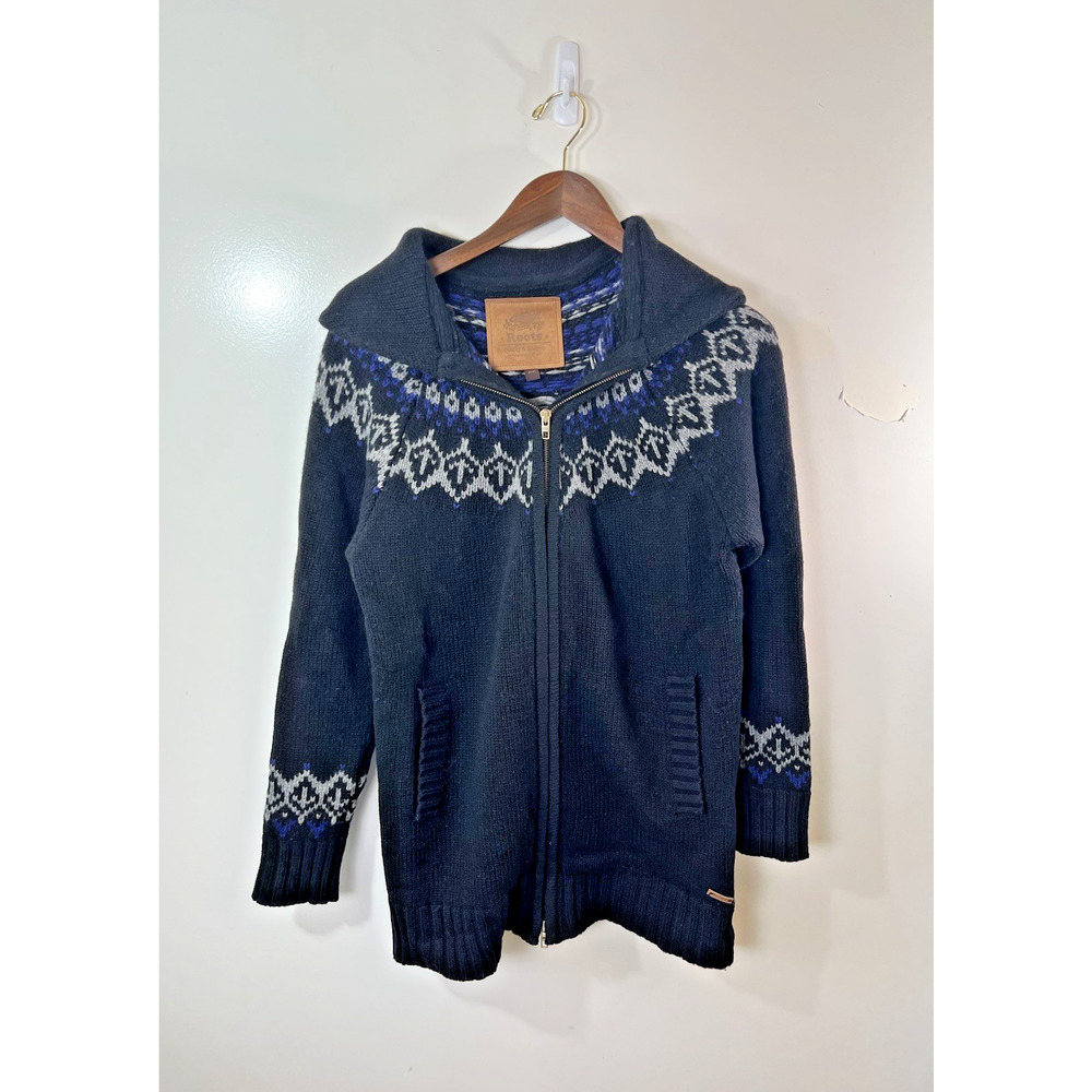 Roots Womens Wool Blend Zip Fair Isle Bird Cardigan Size M Timeless Outdoor Cozy